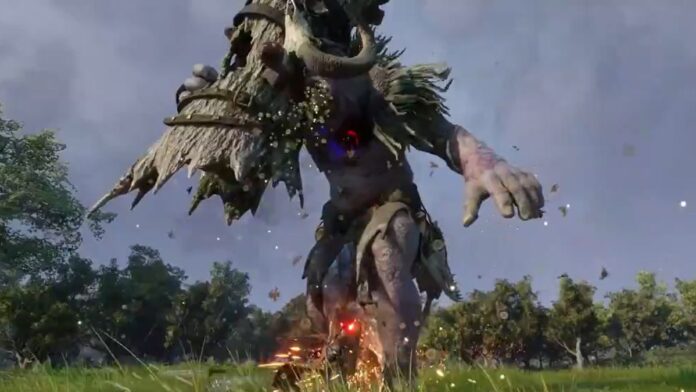 Tela do jogo Ashes of Creation, onde um personagem enfrenta um monstro gigante num campo aberto