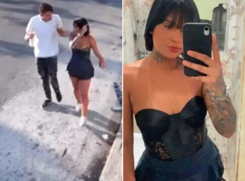 O casal discute andando pela rua na imagem à esquerda. Á direita, Tainara faz selfie no espelho