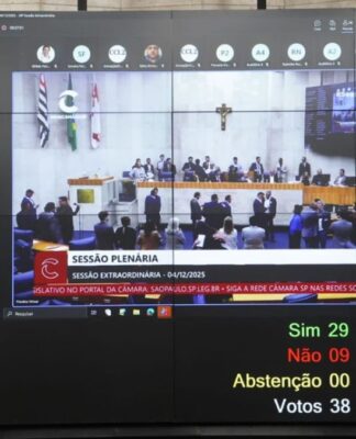 Foto do placar da votação do projeto na Câmara dos Vereadores, com o placar da votação e os vereadores debatendo o tema