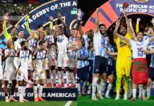 Montagem lado a lado com os elencos de Flamengo e Pyramids levantando as taças do Dérbi das Américas e da Copa África-Ásia-Pacífico