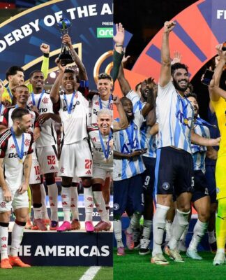 Montagem lado a lado com os elencos de Flamengo e Pyramids levantando as taças do Dérbi das Américas e da Copa África-Ásia-Pacífico