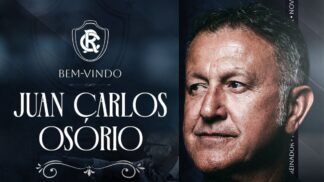 Montagem com o rosto do técnico Juan Carlos Osório e o escudo do Remo