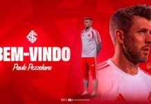 Montagem de Pezzolano com uniforme do Inter, com fundo vermelho