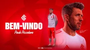 Montagem de Pezzolano com uniforme do Inter, com fundo vermelho