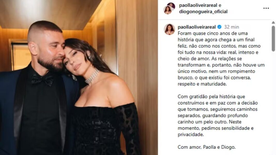 Foto de Paolla Oliveira e Diogo Nogueira ao lado do comunicado publicado por ambos