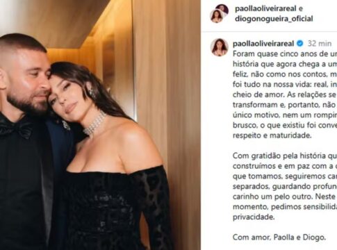 Foto de Paolla Oliveira e Diogo Nogueira ao lado do comunicado publicado por ambos