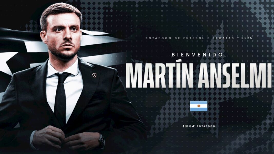 Montagem com o treinador vestido de terno, com fundo da bandeira do Botafogo