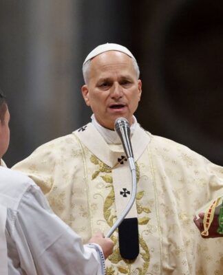 Papa Leão 14 gesticula e fala ao microfone durante missa