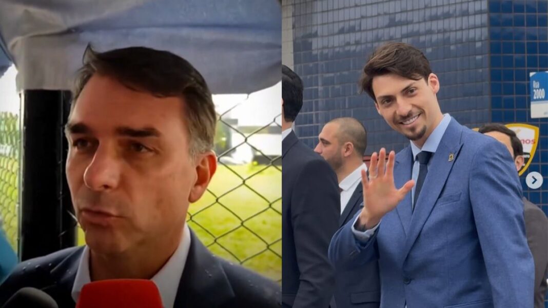 Montagem: à esquerda, Flávio Bolsonaro falando com a imprensa sobre a visita; à direita, Jair Renan acenando para repórteres