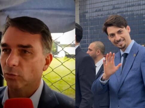 Montagem: à esquerda, Flávio Bolsonaro falando com a imprensa sobre a visita; à direita, Jair Renan acenando para repórteres