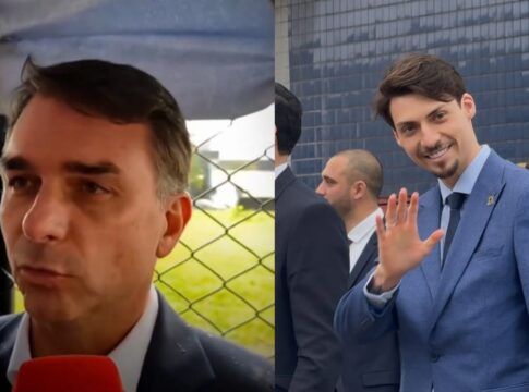 Montagem: à esquerda, Flávio Bolsonaro falando com a imprensa sobre a visita; à direita, Jair Renan acenando para repórteres