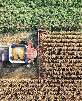Colheitadeira em um campo agrícola.