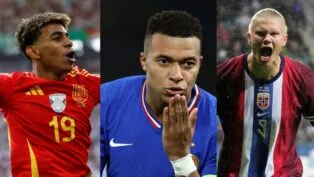 A imagem mostra três jogadores de futebol em montagem lado a lado, cada um vestindo o uniforme de sua seleção. Eles aparecem em momentos de celebração: o da esquerda vibrando, o do centro soprando um beijo e o da direita gritando com intensidade.