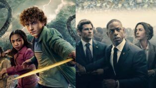 A imagem é dividida em duas partes: à esquerda, três jovens em um cenário fantástico, armados e preparados para enfrentar uma ameaça sobrenatural no mar tempestuoso. À direita, três adultos em trajes formais parecem reagir a uma situação tensa em meio a uma multidão, transmitindo urgência e preocupação.