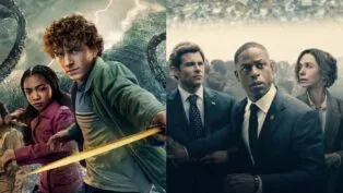 A imagem é dividida em duas partes: à esquerda, três jovens em um cenário fantástico, armados e preparados para enfrentar uma ameaça sobrenatural no mar tempestuoso. À direita, três adultos em trajes formais parecem reagir a uma situação tensa em meio a uma multidão, transmitindo urgência e preocupação.