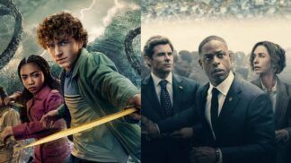 A imagem é dividida em duas partes: à esquerda, três jovens em um cenário fantástico, armados e preparados para enfrentar uma ameaça sobrenatural no mar tempestuoso. À direita, três adultos em trajes formais parecem reagir a uma situação tensa em meio a uma multidão, transmitindo urgência e preocupação.