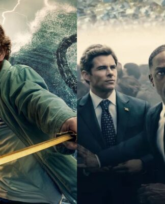 A imagem é dividida em duas partes: à esquerda, três jovens em um cenário fantástico, armados e preparados para enfrentar uma ameaça sobrenatural no mar tempestuoso. À direita, três adultos em trajes formais parecem reagir a uma situação tensa em meio a uma multidão, transmitindo urgência e preocupação.