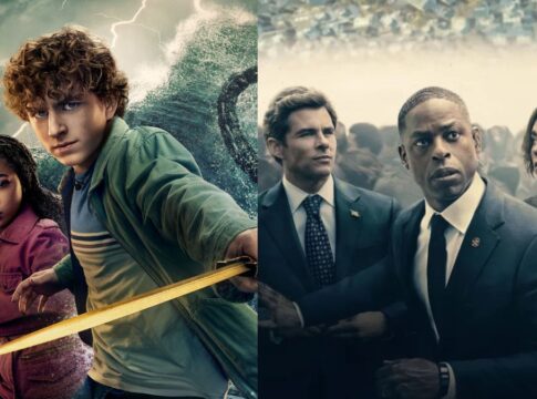 A imagem é dividida em duas partes: à esquerda, três jovens em um cenário fantástico, armados e preparados para enfrentar uma ameaça sobrenatural no mar tempestuoso. À direita, três adultos em trajes formais parecem reagir a uma situação tensa em meio a uma multidão, transmitindo urgência e preocupação.