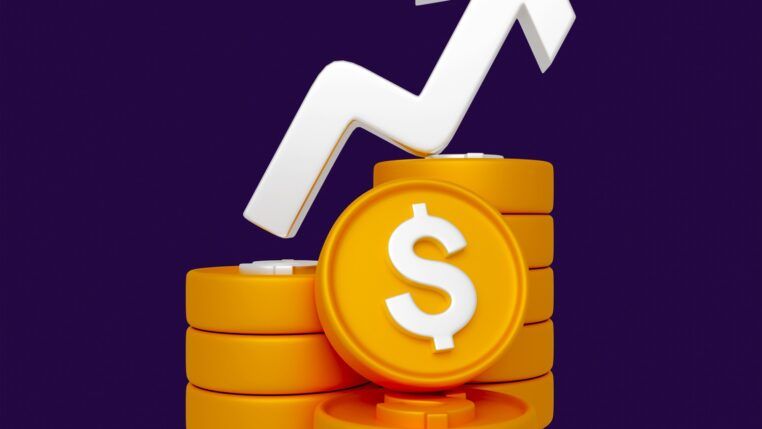 imagem ilustrativa de moeda laranja com seta para cima.