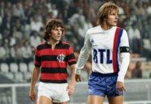 Imagem mostra dois jogadores de futebol, um do Flamengo e outro do PSG.