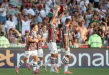 Fluminense comemora gol marcado contra o Bahia, pelo Brasileirão Série A 2025