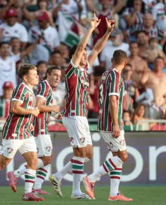 Fluminense comemora gol marcado contra o Bahia, pelo Brasileirão Série A 2025