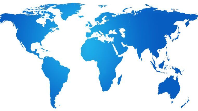 Mapa mundi branco e azul