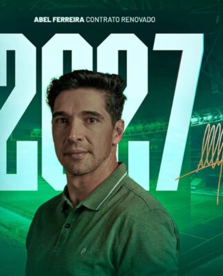 Abel Ferreira aparece à frente de fundo verde, com o número 2027