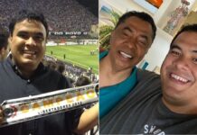 Imagem mostra uma montagem em que aparecem duas personalidades políticas. À esquerda, aparece Gustavo Feliciano num jogo do Corinthians. À direita, está Gustavo Feliciano abraçado com o pai, o deputado Damião Feliciano.
