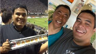 Imagem mostra uma montagem em que aparecem duas personalidades políticas. À esquerda, aparece Gustavo Feliciano num jogo do Corinthians. À direita, está Gustavo Feliciano abraçado com o pai, o deputado Damião Feliciano.