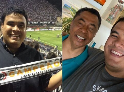 Imagem mostra uma montagem em que aparecem duas personalidades políticas. À esquerda, aparece Gustavo Feliciano num jogo do Corinthians. À direita, está Gustavo Feliciano abraçado com o pai, o deputado Damião Feliciano.