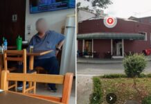 A imagem é uma composição lado a lado que mostra duas cenas distintas: a primeira (à esquerda) é o interior de um bar com um homem, e a segunda (à direita) é a fachada externa do estabelecimento.