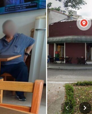 A imagem é uma composição lado a lado que mostra duas cenas distintas: a primeira (à esquerda) é o interior de um bar com um homem, e a segunda (à direita) é a fachada externa do estabelecimento.