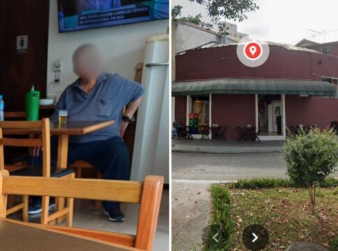 A imagem é uma composição lado a lado que mostra duas cenas distintas: a primeira (à esquerda) é o interior de um bar com um homem, e a segunda (à direita) é a fachada externa do estabelecimento.