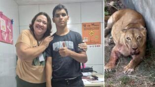 Esta é uma montagem em formato de díptico (duas imagens lado a lado) que contrasta uma cena de afeto e apoio com a imagem chocante do animal envolvido no incidente. Uma mulher conselheira tutelar e o jovem Gerson estão lado a lado.