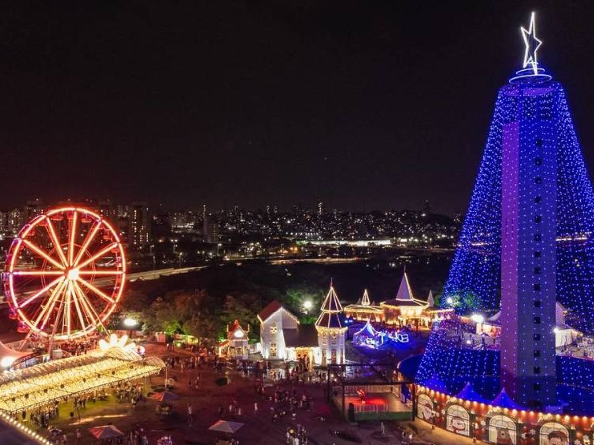 Na foto há uma roda gigante que está vermelha e uma árvore de natal grande.