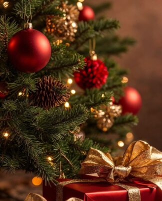 Na foto há uma árvore de natal decorada e do lado há presentes em embrulho vermelho.