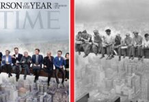 A imagem é uma composição lado a lado que justapõe uma capa moderna da revista TIME com uma famosa fotografia histórica em preto e branco. Ambas as imagens retratam pessoas sentadas em uma viga de aço suspensa no alto de arranha-céus.