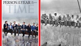 A imagem é uma composição lado a lado que justapõe uma capa moderna da revista TIME com uma famosa fotografia histórica em preto e branco. Ambas as imagens retratam pessoas sentadas em uma viga de aço suspensa no alto de arranha-céus.