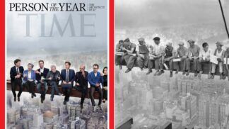 A imagem é uma composição lado a lado que justapõe uma capa moderna da revista TIME com uma famosa fotografia histórica em preto e branco. Ambas as imagens retratam pessoas sentadas em uma viga de aço suspensa no alto de arranha-céus.