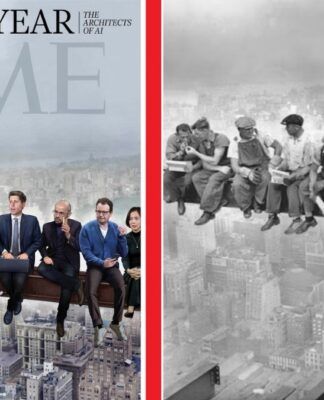 A imagem é uma composição lado a lado que justapõe uma capa moderna da revista TIME com uma famosa fotografia histórica em preto e branco. Ambas as imagens retratam pessoas sentadas em uma viga de aço suspensa no alto de arranha-céus.