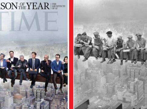 A imagem é uma composição lado a lado que justapõe uma capa moderna da revista TIME com uma famosa fotografia histórica em preto e branco. Ambas as imagens retratam pessoas sentadas em uma viga de aço suspensa no alto de arranha-céus.