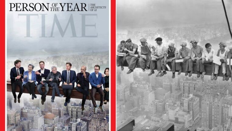 A imagem é uma composição lado a lado que justapõe uma capa moderna da revista TIME com uma famosa fotografia histórica em preto e branco. Ambas as imagens retratam pessoas sentadas em uma viga de aço suspensa no alto de arranha-céus.