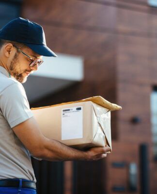 Em imagem ilustrada homem entrega encomendas