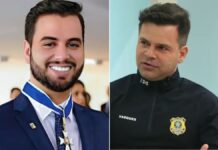 Esta imagem é um díptico (duas fotos lado a lado) que apresenta dois homens, Filipe Martins à esquerda e Silvinei Vasques à direita, ambos figuras públicas brasileiras, com aparências e contextos visuais distintos.