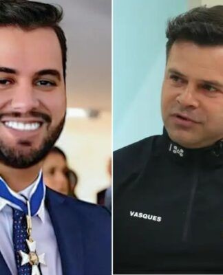 Esta imagem é um díptico (duas fotos lado a lado) que apresenta dois homens, Filipe Martins à esquerda e Silvinei Vasques à direita, ambos figuras públicas brasileiras, com aparências e contextos visuais distintos.