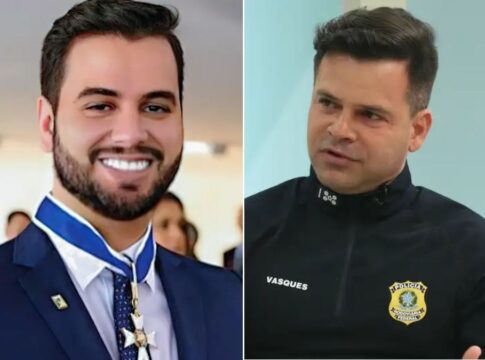 Esta imagem é um díptico (duas fotos lado a lado) que apresenta dois homens, Filipe Martins à esquerda e Silvinei Vasques à direita, ambos figuras públicas brasileiras, com aparências e contextos visuais distintos.