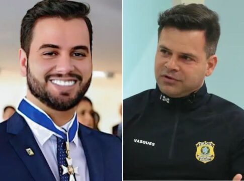 Esta imagem é um díptico (duas fotos lado a lado) que apresenta dois homens, Filipe Martins à esquerda e Silvinei Vasques à direita, ambos figuras públicas brasileiras, com aparências e contextos visuais distintos.