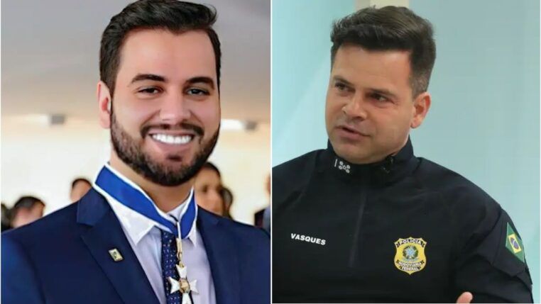 Esta imagem é um díptico (duas fotos lado a lado) que apresenta dois homens, Filipe Martins à esquerda e Silvinei Vasques à direita, ambos figuras públicas brasileiras, com aparências e contextos visuais distintos.