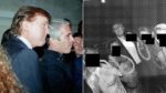 Fotomontagem mostra dois quadros. Em um deles, Trump aparece ao lado de Jeffrey Epstein. No outro, em uma foto em preto e branco, Trump está entre mulheres.
